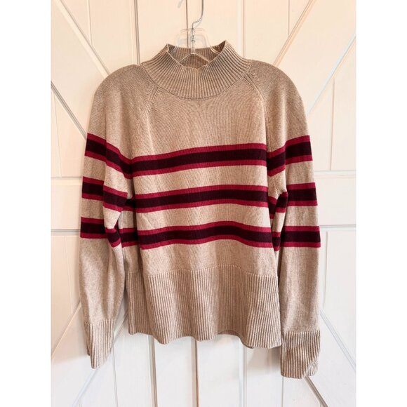 NWT Loft Tan Red Maroon Striped Ribtrim Mock Neck Sweater Womens Size Large - Picture 2 of 11